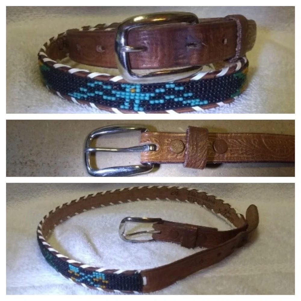 Vintage Indian Hand Beaded Brown Leather Belt w Silver Buckle